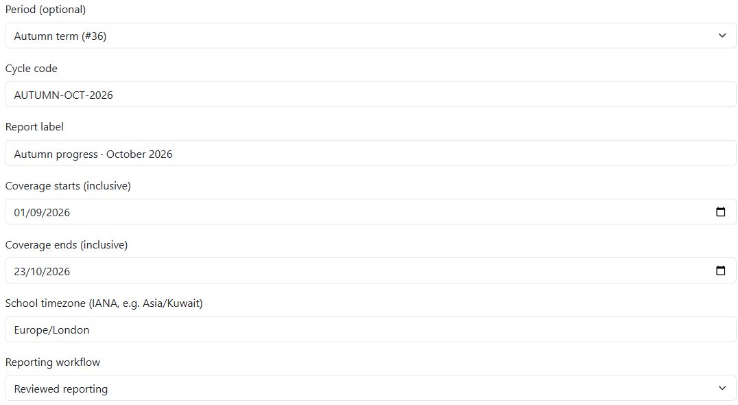Reporting cycle settings with term, coverage dates, timezone and review workflow