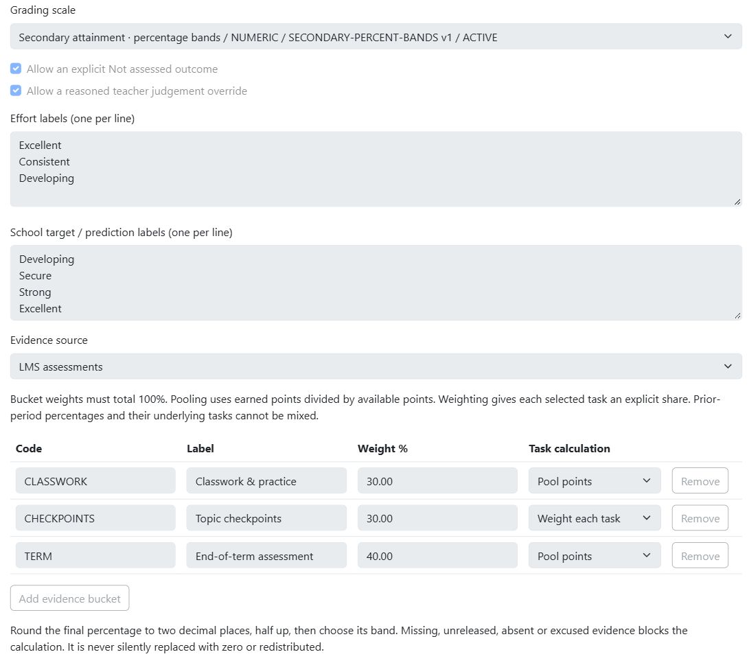 Reporting policy controls with grading scale, effort and forecast labels, evidence source and weighted assessment buckets