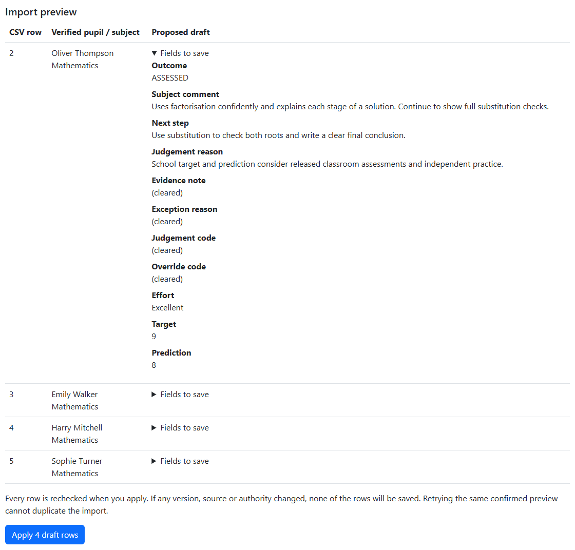 Validated reporting import preview with verified pupils, subject names and proposed comment, effort and forecast draft fields
