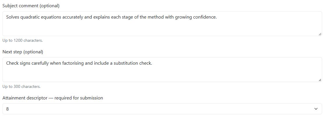 Mathematics reporting draft with subject comment, next step and attainment descriptor