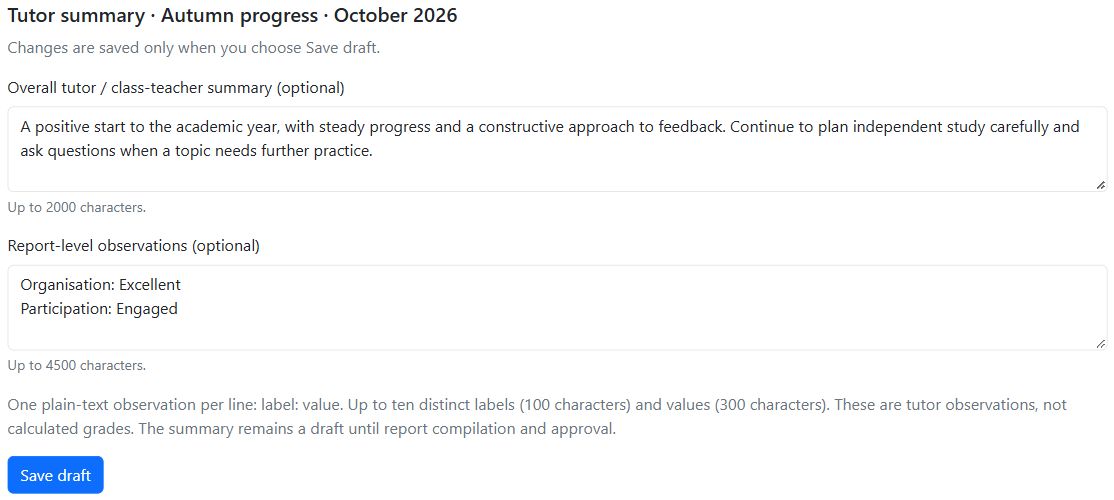 Tutor reporting draft with a written progress summary and observations on organisation and participation