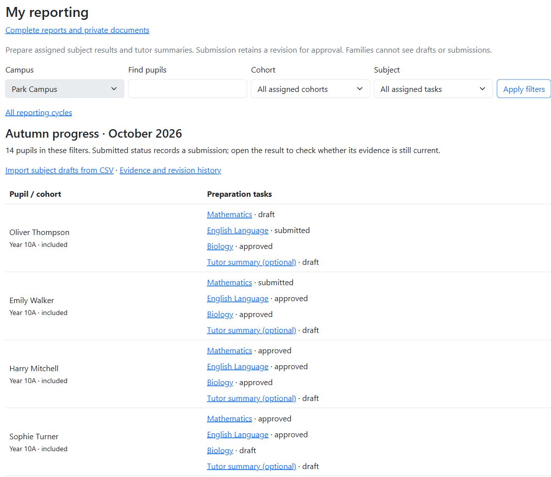 Teacher reporting workspace with pupil cohorts and subject preparation status