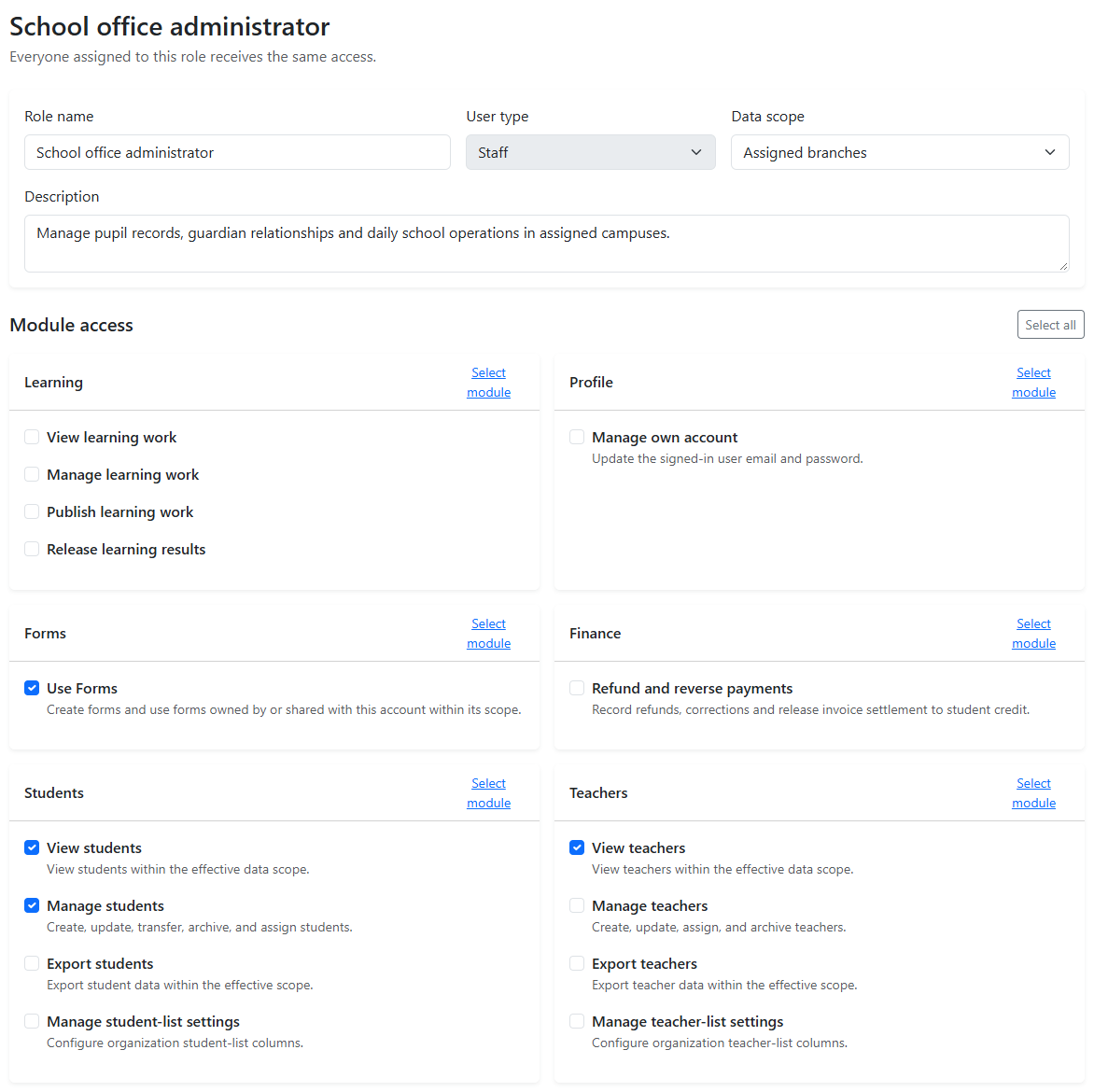 School office administrator role editor with staff identity, assigned-campus scope and grouped module permissions