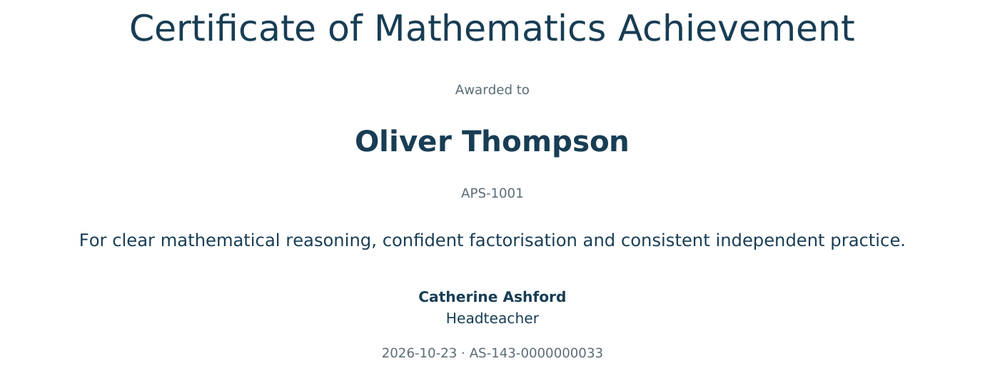 School certificate excerpt with pupil name, achievement, signatory, award date and certificate serial number