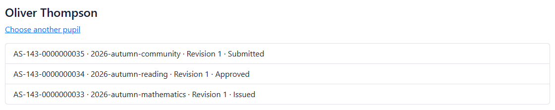 School certificate records with achievement references, certificate serial numbers, revisions and issue states