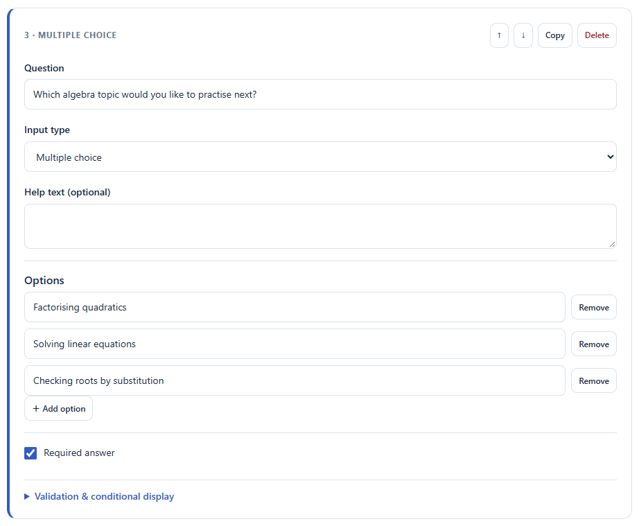 School form builder showing a multiple-choice question, three topic options and the required-answer setting