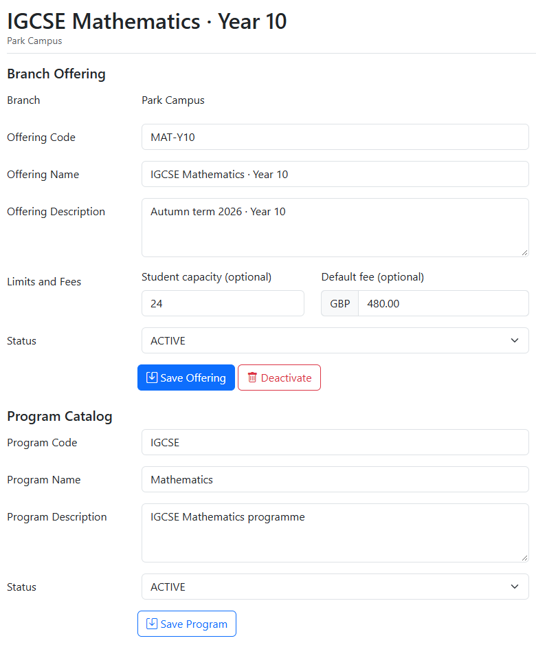 Populated course-offering setup with programme, campus and the offering’s relevant settings