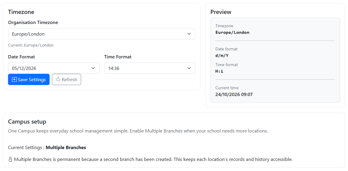 School settings with Europe/London timezone, date and time preview and multiple-campus configuration