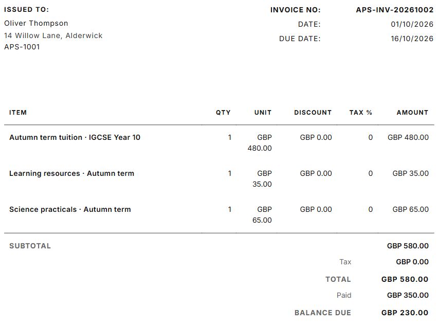 Itemised student invoice with school charges, discounts, total and balance due
