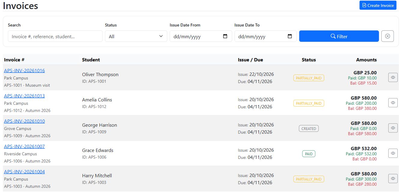 Student invoice register with invoice numbers, issue and due dates, totals and payment status