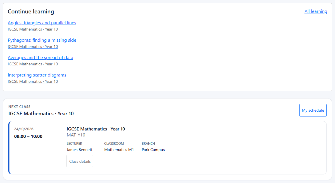 Student home with available lesson links and the next scheduled class