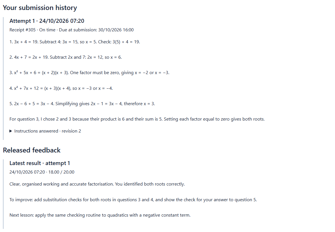Student algebra submission with worked answers and released 18 out of 20 feedback with specific next steps