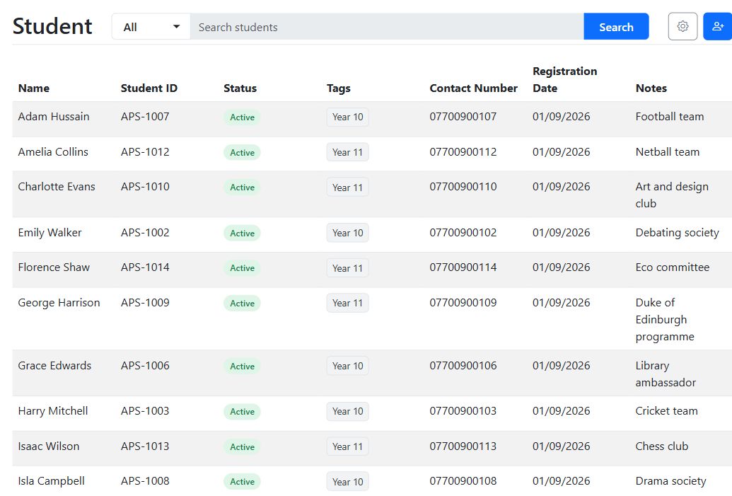 Student directory with names, IDs, year groups, contact details and school activities