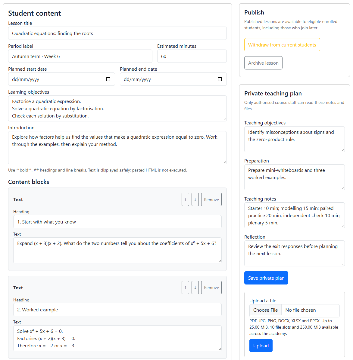 Quadratic-equations lesson workspace with objectives, learning content and private preparation controls