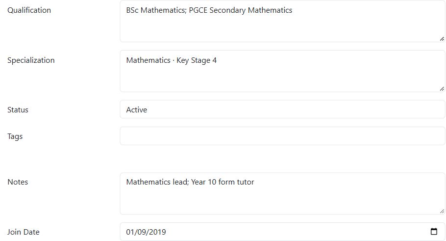 Teacher profile with Mathematics qualifications, specialisation, responsibilities and joining date